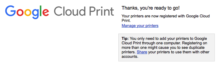 Google Cloud Print Confirmation Notice